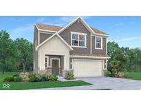 Two-story gray house with white accents, two-car garage, and landscaped yard at 4034 Jacoby Pl, Indianapolis, IN 46268