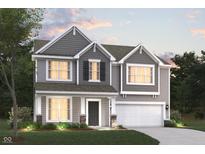 Charming two-story home with gray siding, a two-car garage, and a well-manicured lawn under a beautiful sky at 9965 Redwood Peak Ln, Indianapolis, IN 46259