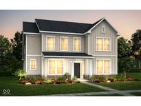 Two-story house with light beige siding, stone accents, and landscaping at 14403 Bishop Birch Pl, Carmel, IN 46032