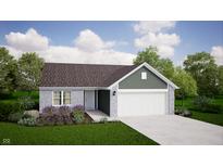 Charming one-story home boasts beautiful stone accents, a well-manicured lawn, and an attached two-car garage at 1798 N Rapids Ct, Greenfield, IN 46140