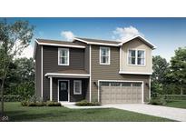 Charming two-story home with a modern facade, a well-manicured lawn, and an attached two-car garage at 11618 Cotterill Way, Indianapolis, IN 46235