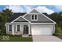 Charming single-Gathering home featuring stone accents, gray siding, and an attached two-car garage at 7227 Bailow Ct, McCordsville, IN 46055