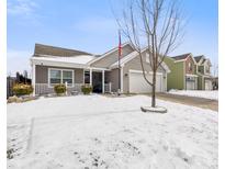 Charming single-Gathering home featuring a two-car garage, covered porch, and manicured landscaping in a snowy setting at 8542 Pippen Pl, Indianapolis, IN 46113