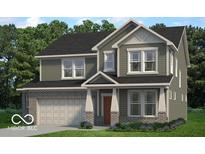 Two-story home with gray siding, brick accents, covered porch, and well-manicured lawn at 449 Hidden Hills Dr, Pittsboro, IN 46167