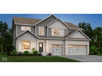 Charming two-story home featuring a brick facade, gray siding, and a two-car garage, perfect for modern Gathering living at 5314 Pelion Pl, McCordsville, IN 46055