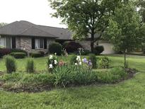 Landscaped front yard featuring a charming brick home with blooming flowerbeds, a mature tree, and lush green grass at 8329 Hill Gail Dr, Indianapolis, IN 46217