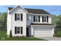 Charming two-story home with white siding, dark shutters, an attached two-car garage, and neatly landscaped front yard at 1942 Black Oak Dr, Shelbyville, IN 46176