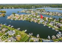 Aerial view of waterfront homes showcasing a pool and boat docks at 13499 Marjac Way, Fishers, IN 46055