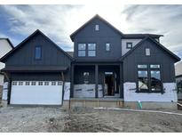 Two-story home showcasing a modern farmhouse design with black vertical siding and a white garage door at 19854 Chatham Shore Ln, Westfield, IN 46074