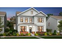 Charming two-story home featuring white siding, black window frames, and a welcoming front porch at 13622 Grand Abbey Way, Fishers, IN 46037