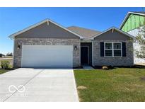 Charming one-story home with a stone facade, gray shutters, and a two-car garage at 11064 N Sashing Way, Monrovia, IN 46157