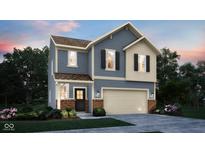 Charming two-story home with blue siding, a brown roof, and a welcoming front porch at 16906 Sandhurst Pl, Westfield, IN 46074
