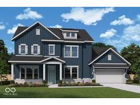 Charming two-story home featuring blue siding, white trim, and a well-manicured lawn at 15810 Vitalize Run, Fishers, IN 46040