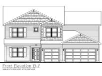 A blueprint of a two-story home featuring a charming front elevation with a two-car garage at 5908 Agogo Way, Greenwood, IN 46143