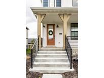 Inviting front entrance featuring a brown door with a wreath, black iron railings, and concrete steps at 11505 Langton Walk, Zionsville, IN 46077
