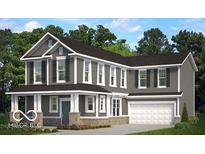 Charming two-story home with gray siding, white trim, covered porch, and an attached two-car garage at 15982 Meadow Frost Ct, Fishers, IN 46037