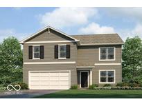 Charming two-story home with gray siding, black shutters, and an attached two-car garage at 5210 Cartland Dr, Indianapolis, IN 46239
