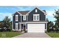 Charming two-story home featuring a two-car garage, dark siding and well manicured lawn and landscape at 4738 E Shadowbrook Dr, Camby, IN 46113