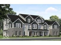 New construction home with gray siding, dark brick, and black roof in a suburban neighborhood at 5777 Cr W 750 N, McCordsville, IN 46055