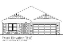Detailed black and white front elevation of a home with stone accents, garage and covered entryway at 11330 N Greenthread Dr, Monrovia, IN 46157