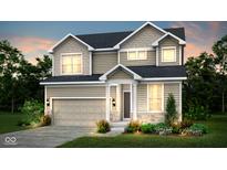 Charming two-story home with attached garage, landscaped yard, and inviting curb appeal at dusk at 620 Corbin Way, Avon, IN 46123