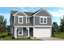 Charming two-story home showcasing blue siding, white trim, a covered porch, and an attached two-car garage at 8710 Hollander Dr, Camby, IN 46113