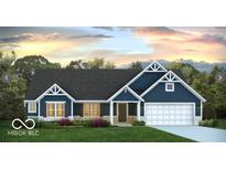 Charming single-story home showcasing a two car garage, dark blue siding, and beautiful lawn at 0 E 96Th St, Fishers, IN 46037