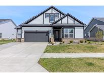 Charming home featuring a gray exterior, two-car garage, well-maintained lawn, and inviting front entrance at 15755 Scher Dr, Westfield, IN 46074