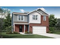 Charming two-story home with red brick and light blue siding, a covered porch, and a two-car garage at 2220 Foothill Dr, Greenfield, IN 46140