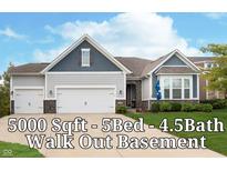 Charming two-story home with three-car garage, gray siding and stone accents on a well-manicured lawn at 4196 Parliament Way, Avon, IN 46123