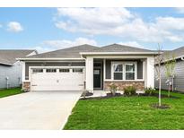 Charming single-story home featuring a two-car garage, landscaped front yard, and neutral-tone exterior at 159 Derringer Ave, Westfield, IN 46074