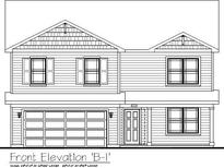 Detailed front elevation of a two-story home showcasing window placement and garage design at 3291 W Keepsake Ln, Monrovia, IN 46157