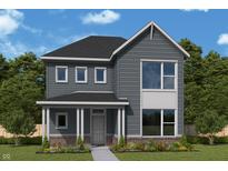 Charming two-story home with gray siding, a covered porch, and professionally landscaped front yard at 798 James William Ln, Westfield, IN 46074
