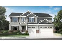 Charming two-story home with gray siding, white trim, a three car garage and inviting front porch at 7118 Sterling Way, Brownsburg, IN 46112