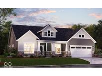 Charming single-Gathering home boasts stone accents, a well-manicured lawn, and an attached two-car garage at 6702 Thresher Pass, McCordsville, IN 46055