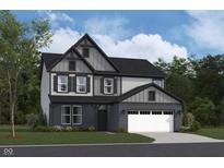 Two-story home featuring gray siding, black brick accents, and a two-car garage at 5721 Palazzo Ln, McCordsville, IN 46055