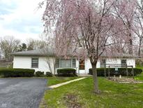 Charming home featuring a blooming tree, lush lawn, and trimmed hedges enhancing the curb appeal at 129 S Boehning St, Indianapolis, IN 46219