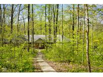 Secluded home with a charming pathway through a lush, green forest leading to the front door at 6780 E Woodland Ct, Mooresville, IN 46158