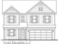 Illustration of a home's front elevation with a two-car garage and symmetrical design at 1656 Winn Ct, Fortville, IN 46040