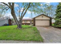 Charming ranch home with a two-car garage and mature tree in the front yard at 7702 Dornock Dr, Indianapolis, IN 46237