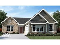 Charming single-story home featuring stone accents, dark siding, and a well-manicured lawn at 15053 Garden Mist Pl, Fishers, IN 46037