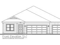 A blueprint depicts the front elevation of a charming single-Gathering home with a welcoming garage and covered entrance at 3871 Donaldson Creek Ct, Clayton, IN 46118