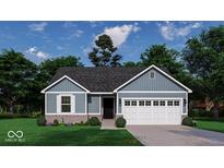 Charming single-story home featuring a white garage door, light blue siding, and landscaped front yard at 2451 Holiday Creek Dr, Whitestown, IN 46075