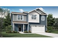 Two-story home with blue siding, white trim, attached garage, and well-manicured front lawn at 11833 Vale St, Indianapolis, IN 46235