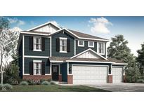 Two-story home with blue siding, brick accents, and a three-car garage, offering both style and functionality at 10818 Soda Creek Ct, Indianapolis, IN 46239