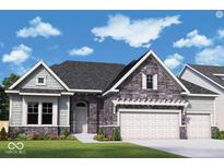 Beautiful new construction home featuring stone accents, a three-car garage and manicured front lawn at 15882 Vitalize Run, Fishers, IN 46040