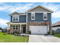 Charming two-story home featuring blue siding, stone accents, a two-car garage, and a basketball hoop at 2972 W Patchwork Dr, Monrovia, IN 46157