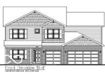 Detailed rendering showcasing a two-story home with a brick and shingle facade, plus a three-car garage at 201 Ames Dr, Whiteland, IN 46184