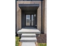 Stylish front door with glass panels, a covered entryway, and a modern brick facade create a welcoming entrance at 9891 Baneberry Ln, Carmel, IN 46290