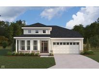 Charming new construction home featuring a white garage door, stone accents, and a welcoming front porch at 15071 Garden Mist Pl, Fishers, IN 46040